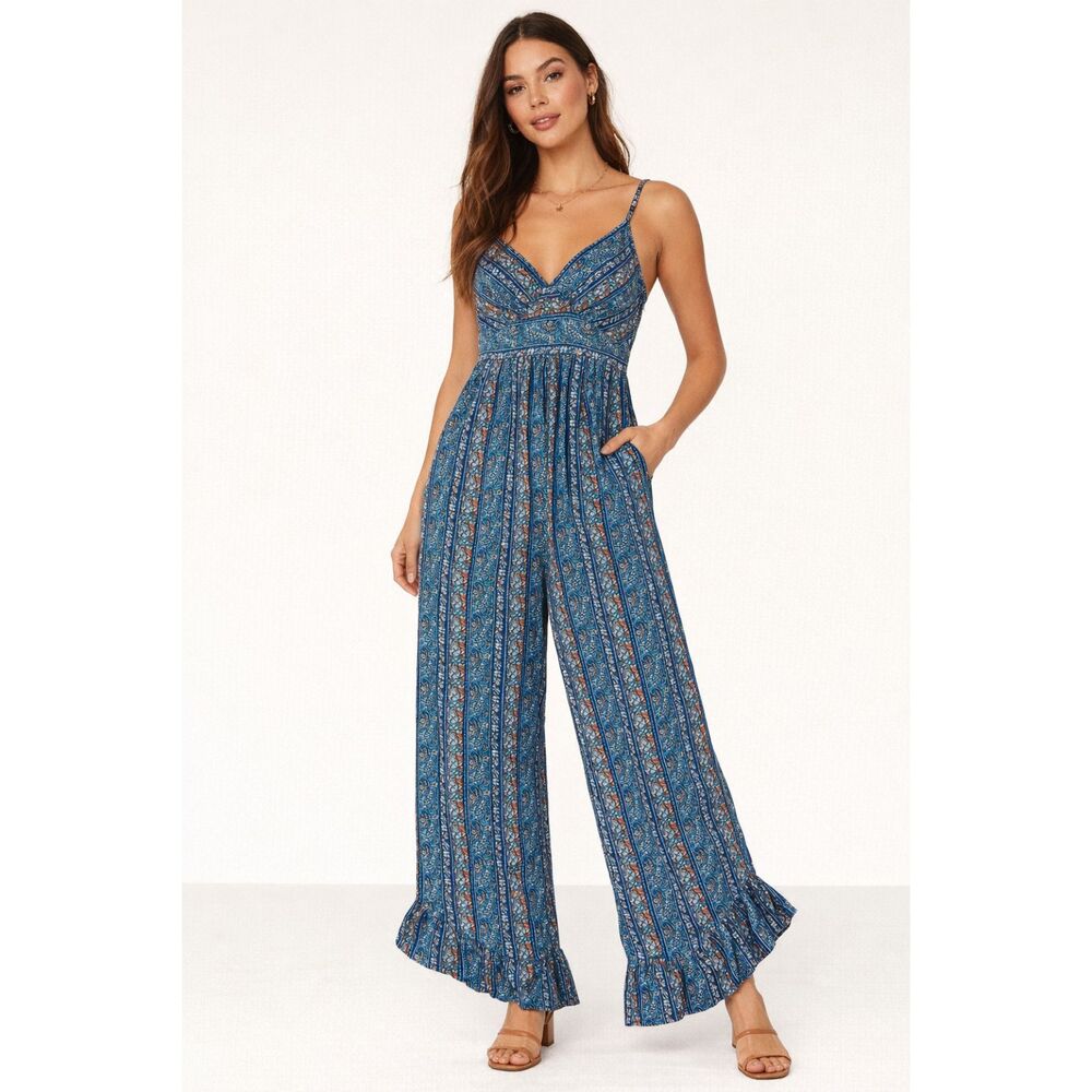 Jessica Simpson Wide Leg Smocked Jumpsuit Womens XS Paisley Sleeveless Boho